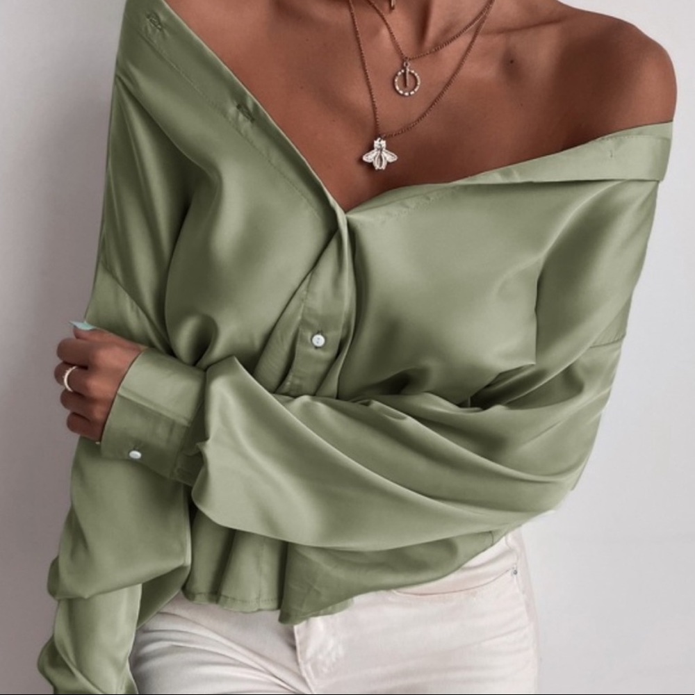 Olive Off-Shoulder Satin Blouse